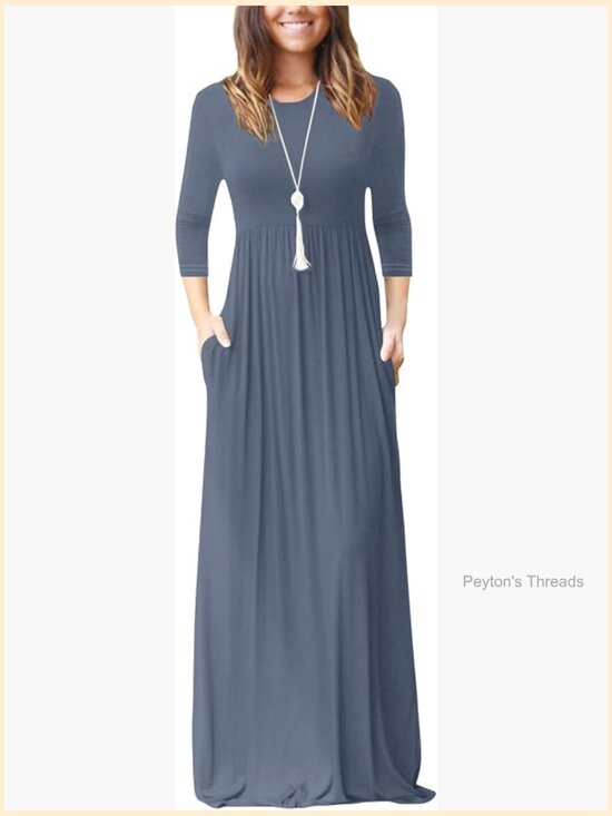 Dresses & Skirts - Women's Long Sleeve Loose Maxi Dress with Pockets Crew Neck